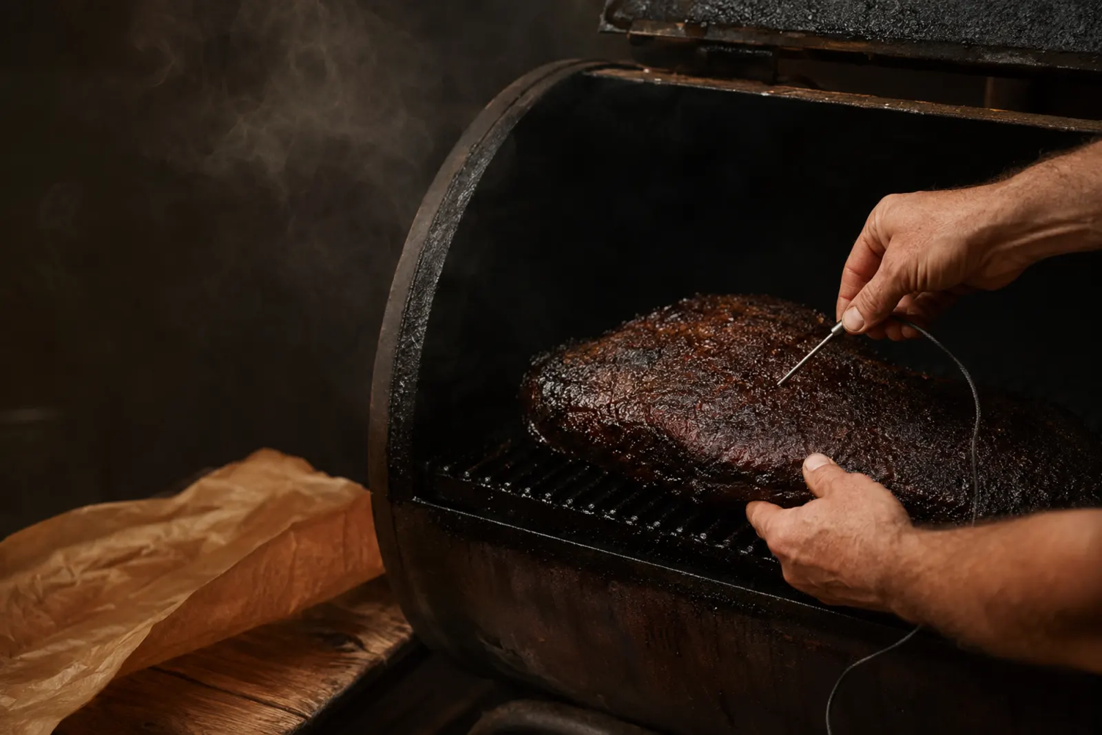 A probe going into a brisket inside a smoker.